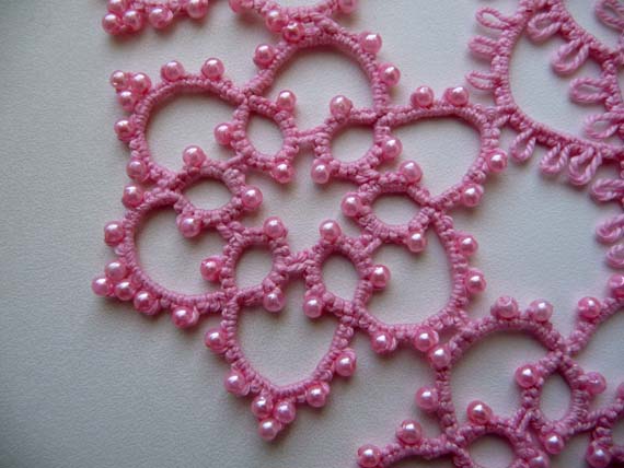 Pink tatted lace doily fragment with beads instead of picots, handmade lace, inspired by Yusai Shokoin, by FairyLacefromElena