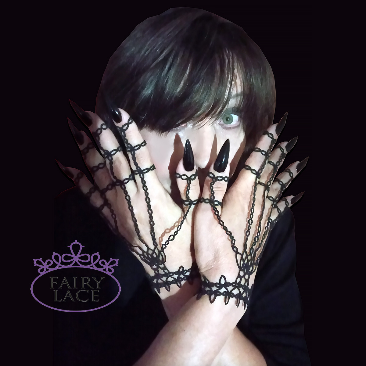 Black tatting lace finger bracelet with two rings per finger, hands covering face, one green eye by FairyLacefromElena
