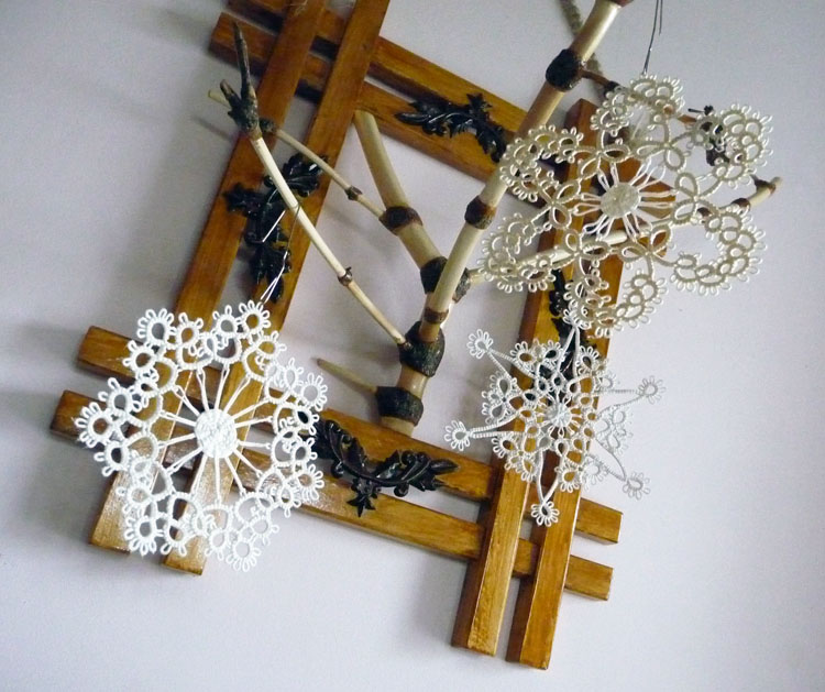 Three tatting lace snowflakes on a wooden frame with branch by FairyLacefromElena