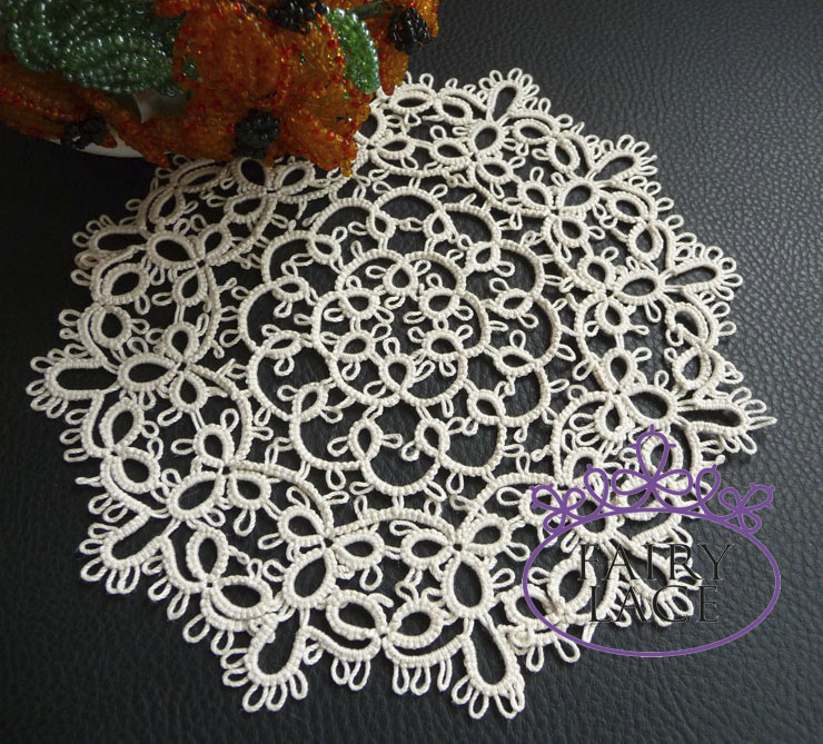 Round nude tatting doily with split chain pattern, styled with red rose by FairyLacefromElena