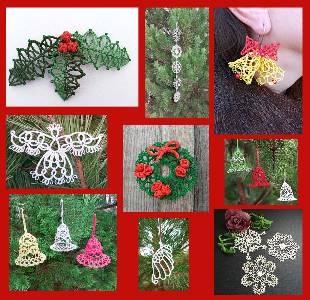 Collage of nine handmade tatting lace Christmas decorations — angel, bells, wreath, snowflakes, and other festive ornaments, created by FairyLacefromElena.