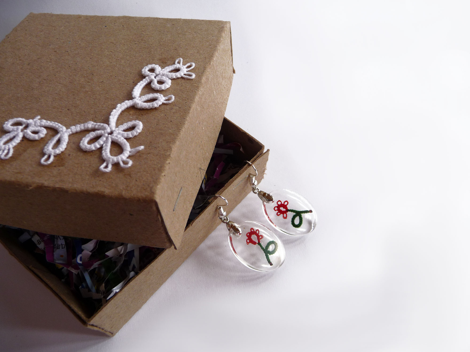 Pair of red tatting lace flower earrings with green stems and leaves, cast in resin, presented on a handmade gift box with lace logo by FairyLacefromElena.