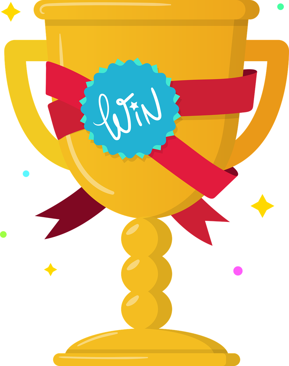 Golden trophy with “Win” inscription, announcing the winner of tatting lace giveaway by FairyLacefromElena.