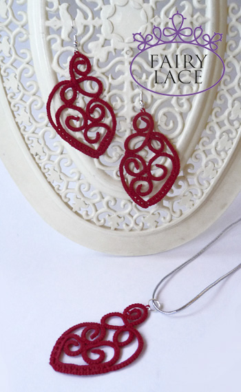 Red tatting earrings and pendant in heart shape on white background, made with the curl element by FairyLacefromElena