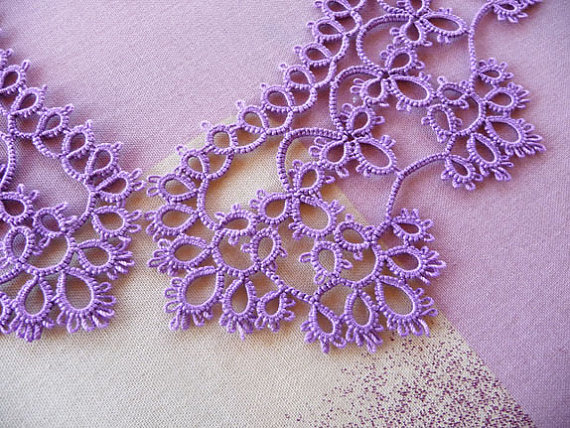 Close-up of a delicate purple lace collar on a light lilac background, demonstrating the perfect join technique in tatting — by FairyLacefromElena.