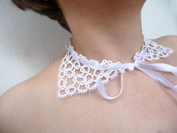 White tatted lace collar “Kitty” with bow, handmade by FairyLacefromElena
