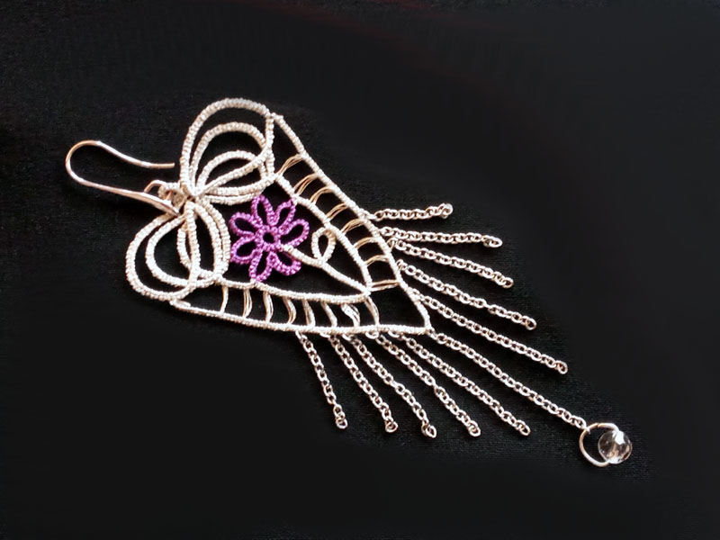 Long shuttle tatted earring in silver and violet metallic threads with chainmaille-style chains — FairyLacefromElena inspiration