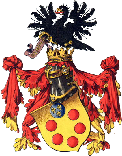 Medici family coat of arms, Renaissance heraldic illustration by Hugo Gerard Ströhl, Wikipedia image