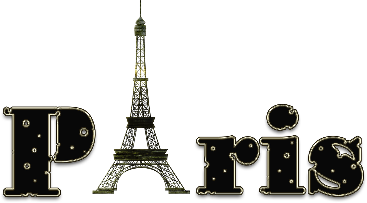 Word Paris in black and white with Eiffel Tower as the letter A, minimalist logo, Pixabay free image, uploaded by FairyLacefromElena