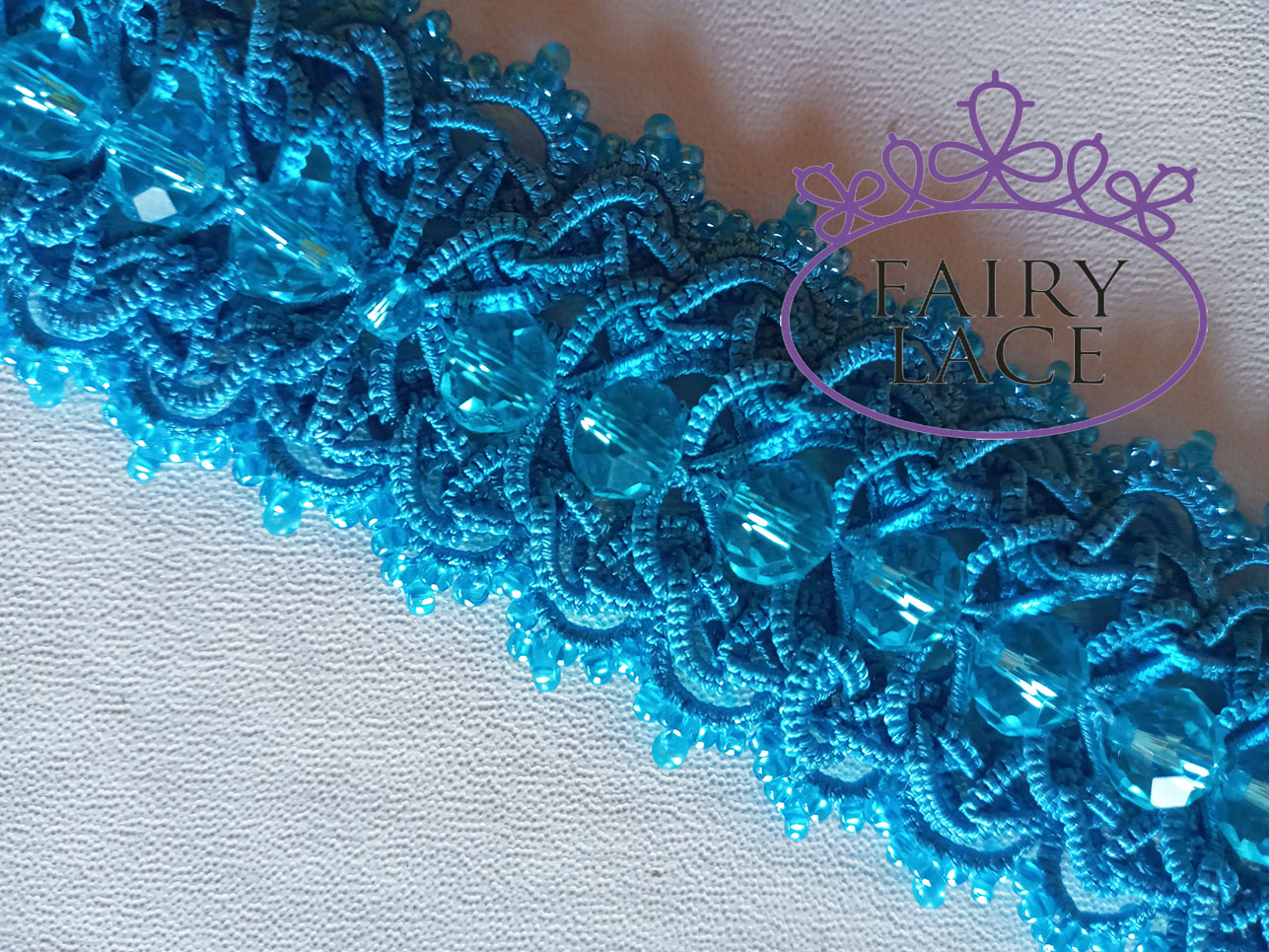 Blue tatting lace bracelet with beads. Handmade by FairyLacefromElena