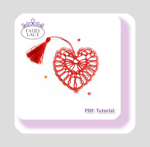 Heart-shaped shuttle tatting motif in peacock design with vibrant threads, handmade lace by FairyLacefromElena.