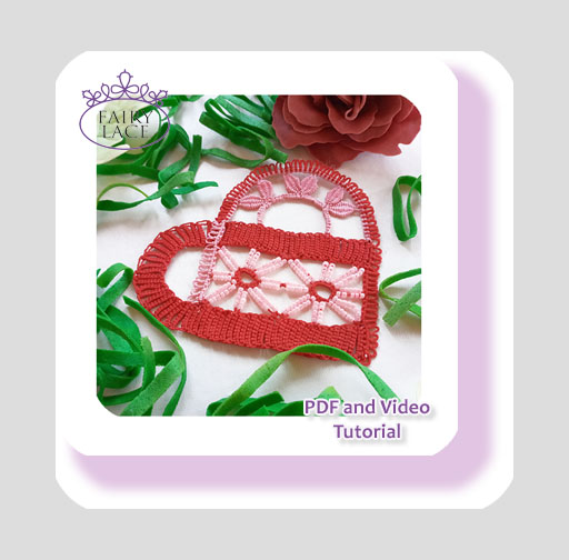Heart Spring tatting lace heart with pink beads and springtime floral design, PDF instructions, diagram and video tutorial.