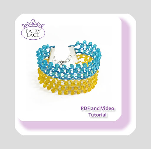 Tatted lace bracelet in blue and yellow colors, inspired by the Ukrainian flag. Shuttle tatting pattern with beads. Includes PDF and video tutorial.