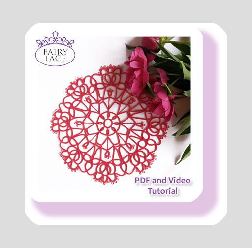 Tatting pattern doily Peony in red thread – round lace doily handmade with tatting shuttle, PDF pattern