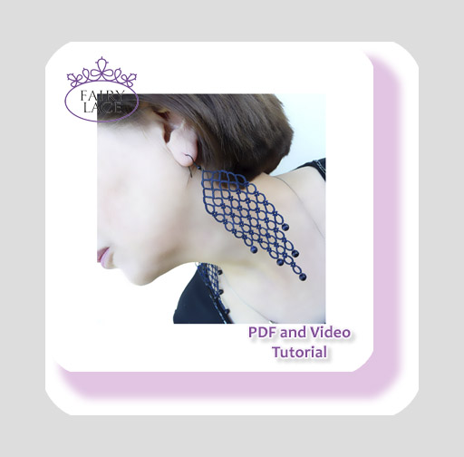 Woman wearing elegant black tatting lace earring – handmade lace jewelry tutorial PDF and video by FairyLacefromElena
