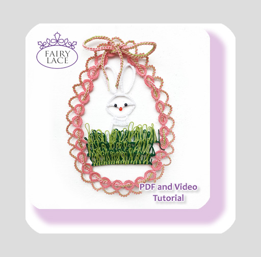 Tatting lace Easter Bunny on green meadow – shuttle and needle tatting pattern with PDF and video tutorial