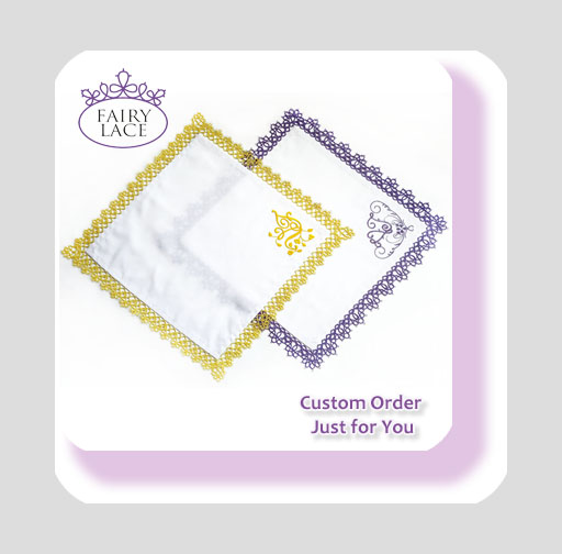 Custom handmade handkerchief with tatting lace and machine embroidery. Personalized white cotton hankie with blue monogram and delicate lace border. Keepsake gift.