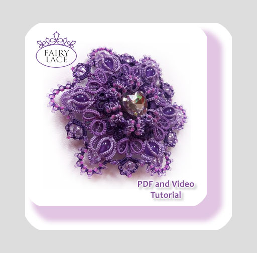 Pattern Brooch Tonja – dimensional tatting brooch with beads, original lace design in purple tones, PDF tutorial.