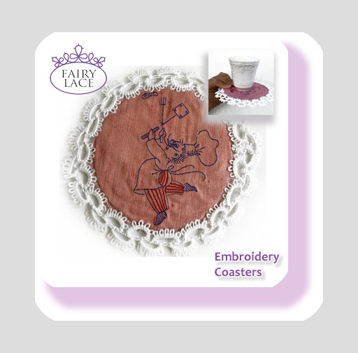 Two embroidered pink coasters with white tatting lace, cotton fabric, and cute chef designs, handmade by FairyLacefromElena. Perfect kitchen decor or wall ornament.