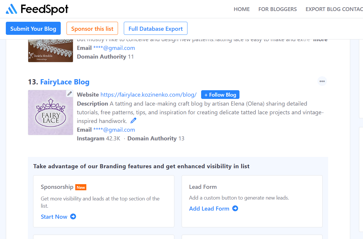 Screenshot of Feedspot page listing FairyLace Blog among the Top 15 Tatting Blogs worldwide.
